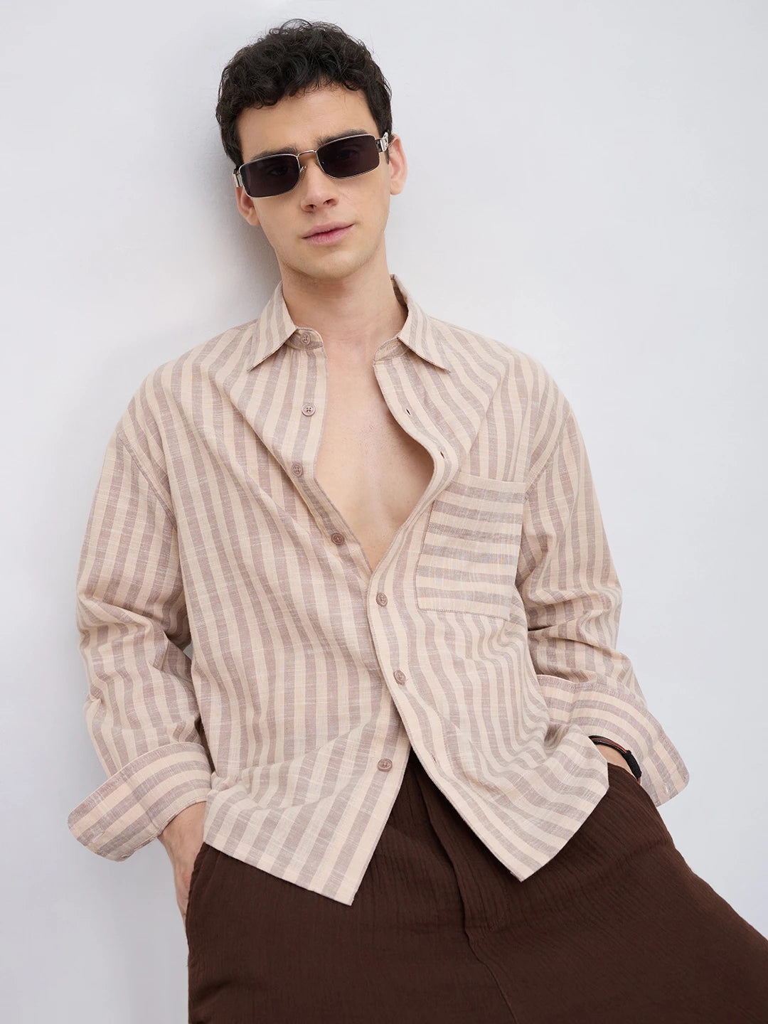Earthy Brown & Beige Candy Striped Boxy Fit Crop Shirt