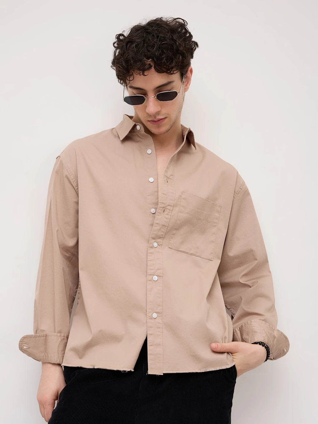 Classic Sand Beige Boxy Fit Crop Shirt