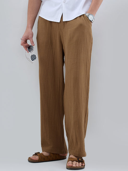 Classic Caramel Brown Double Cloth Straight-Fit Trousers