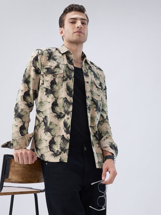 Nature Inspired Abstract Printed Double Pocket Corduroy Shirt