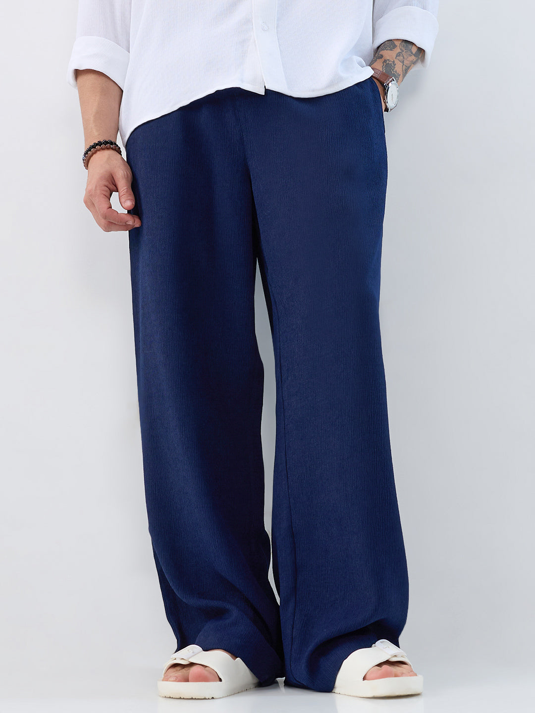 Navy Soft Crepe Wide-Leg Trousers