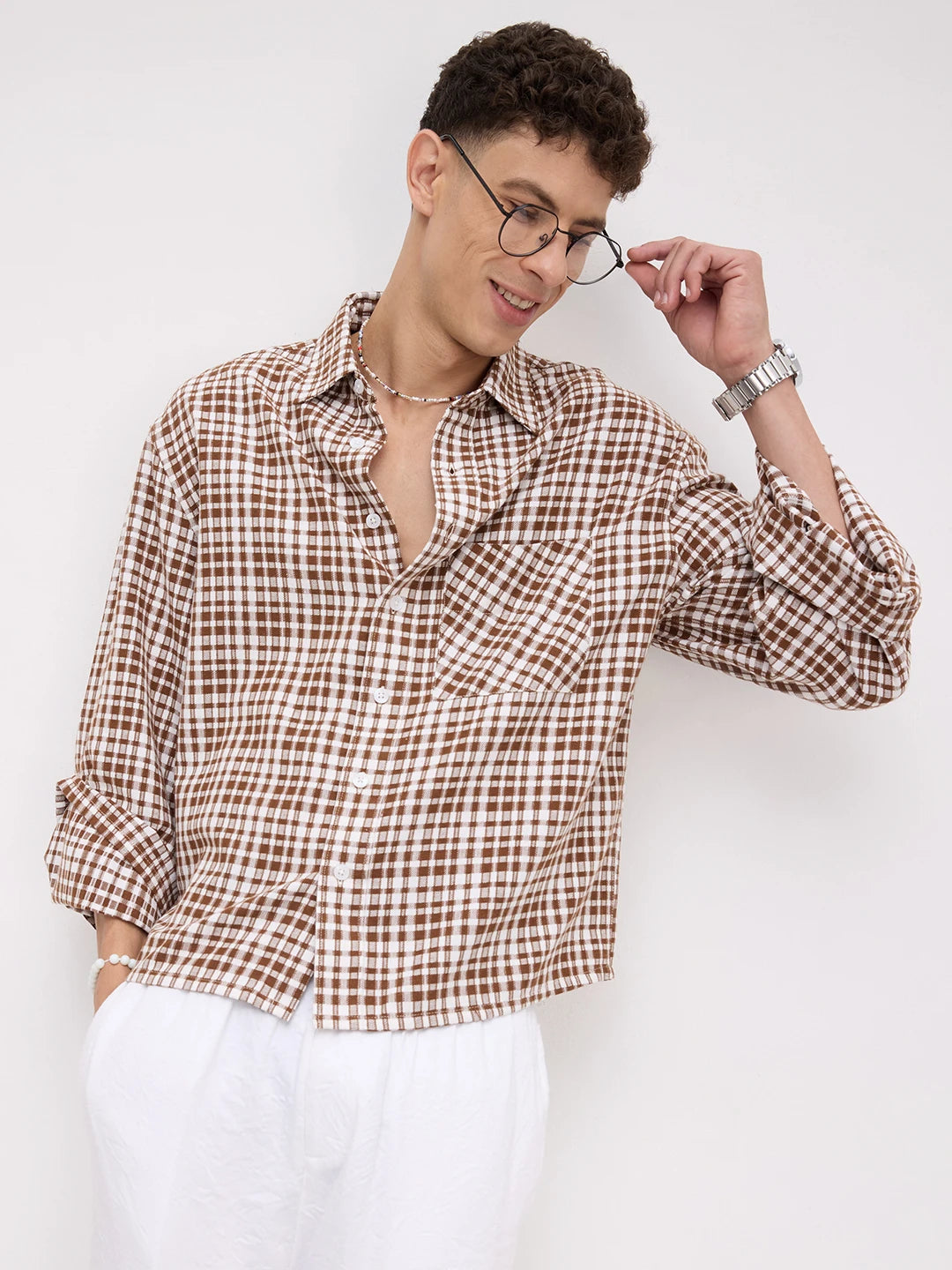 Rich Brown Crosshatch Checks Cuffless Oversized Crop Shirt