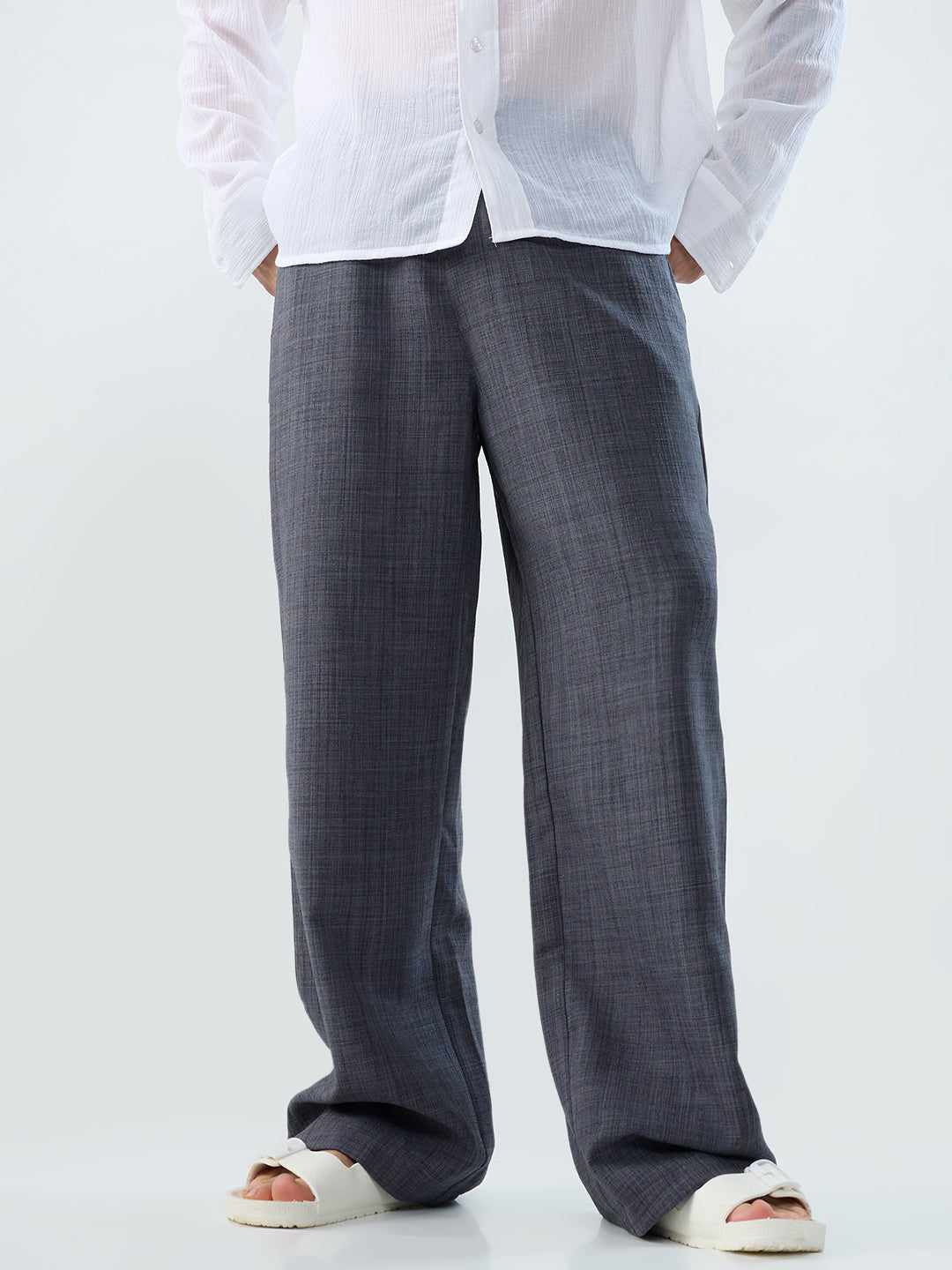 Charcoal Grey Slub Textured Wide-Leg Trousers