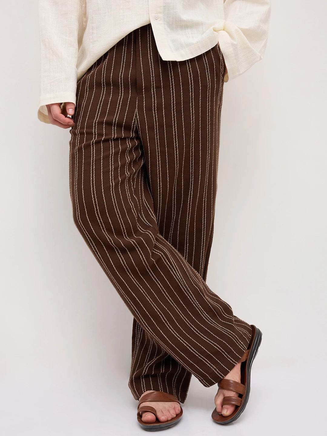 Intricate Coffee Brown Striped Straight Leg Trousers