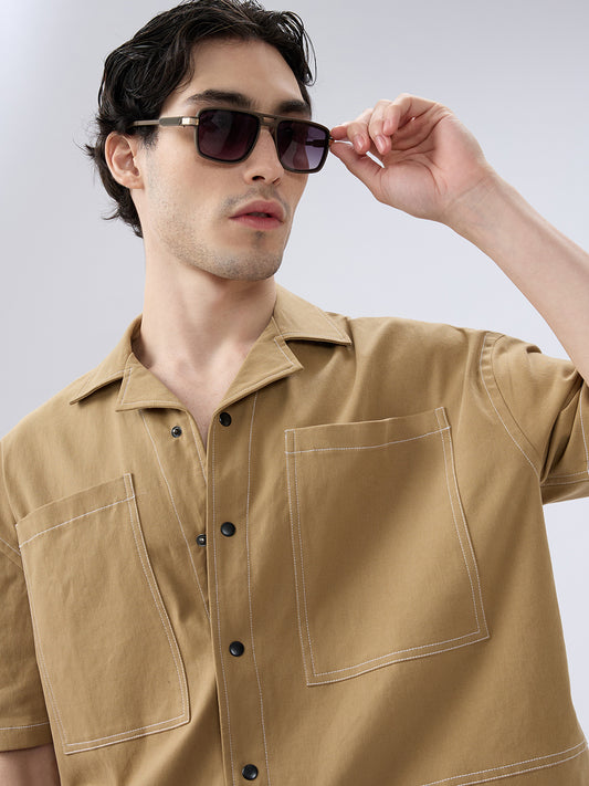 Khaki Contrast Stitch Twin Pocket Oversized Crop Shirt