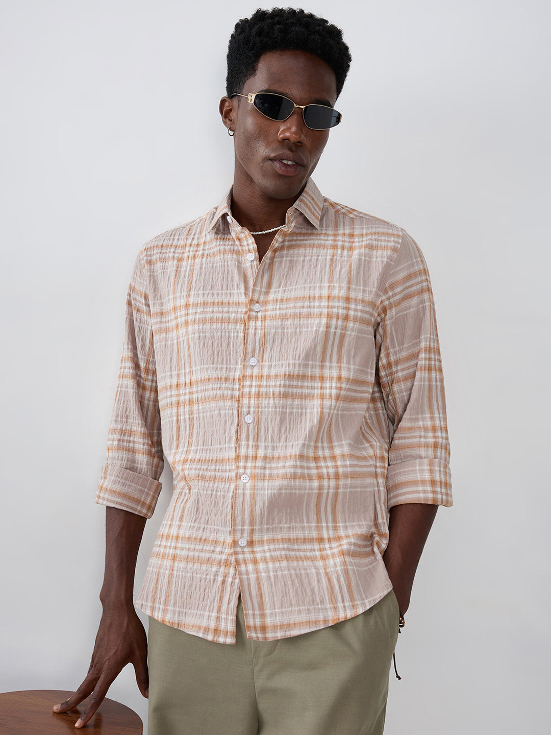 Grey & Rust Plaid Checks Crinkled Shirt