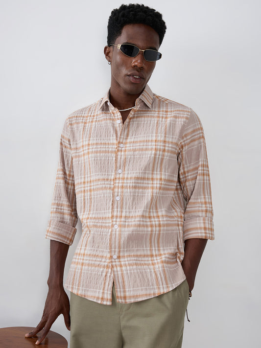 Grey & Rust Plaid Checks Crinkled Shirt