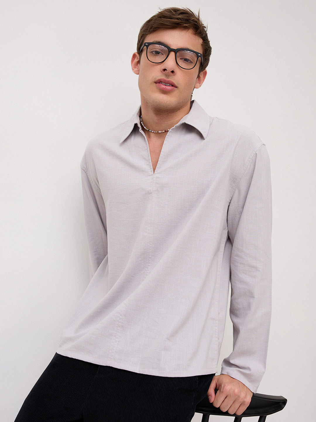 Grey Slub Textured Center Seam Oversized Polo Shirt