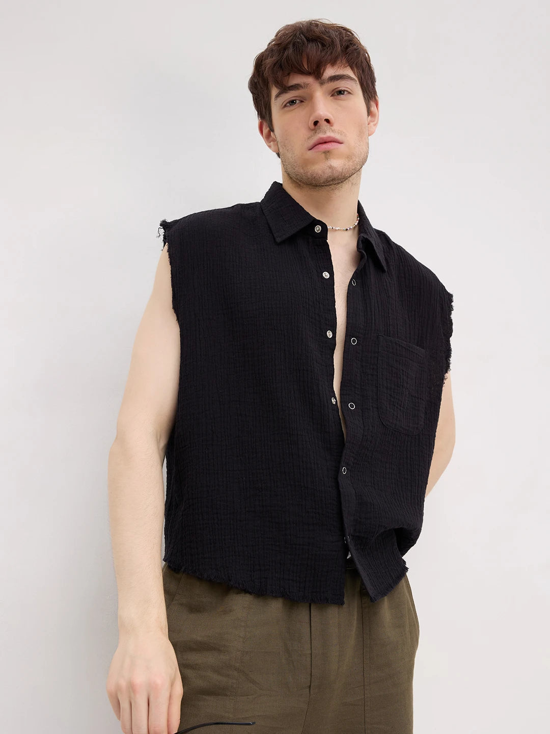Iconic Black Double Cloth Sleeveless Crop Shirt