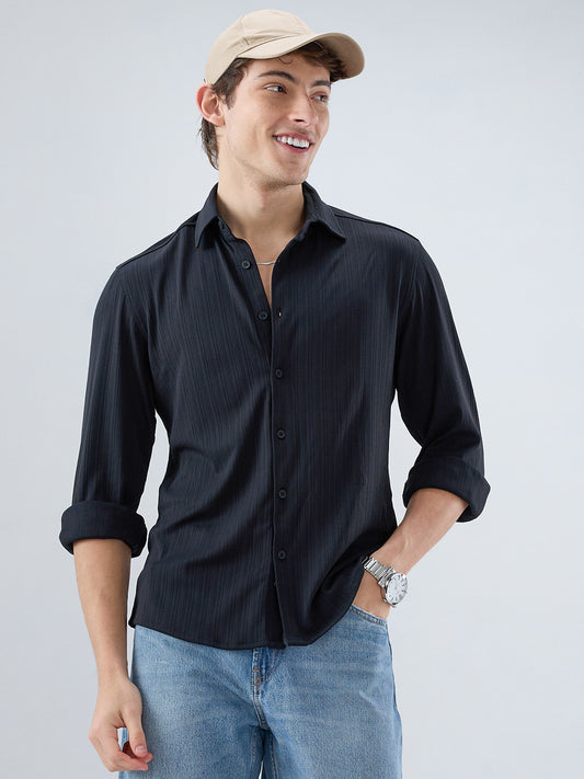 Timeless Black Fine Vertical Ribbed Knitted Shirt