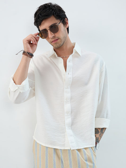 Solid White Crinkled Boxy Fit Crop Shirt