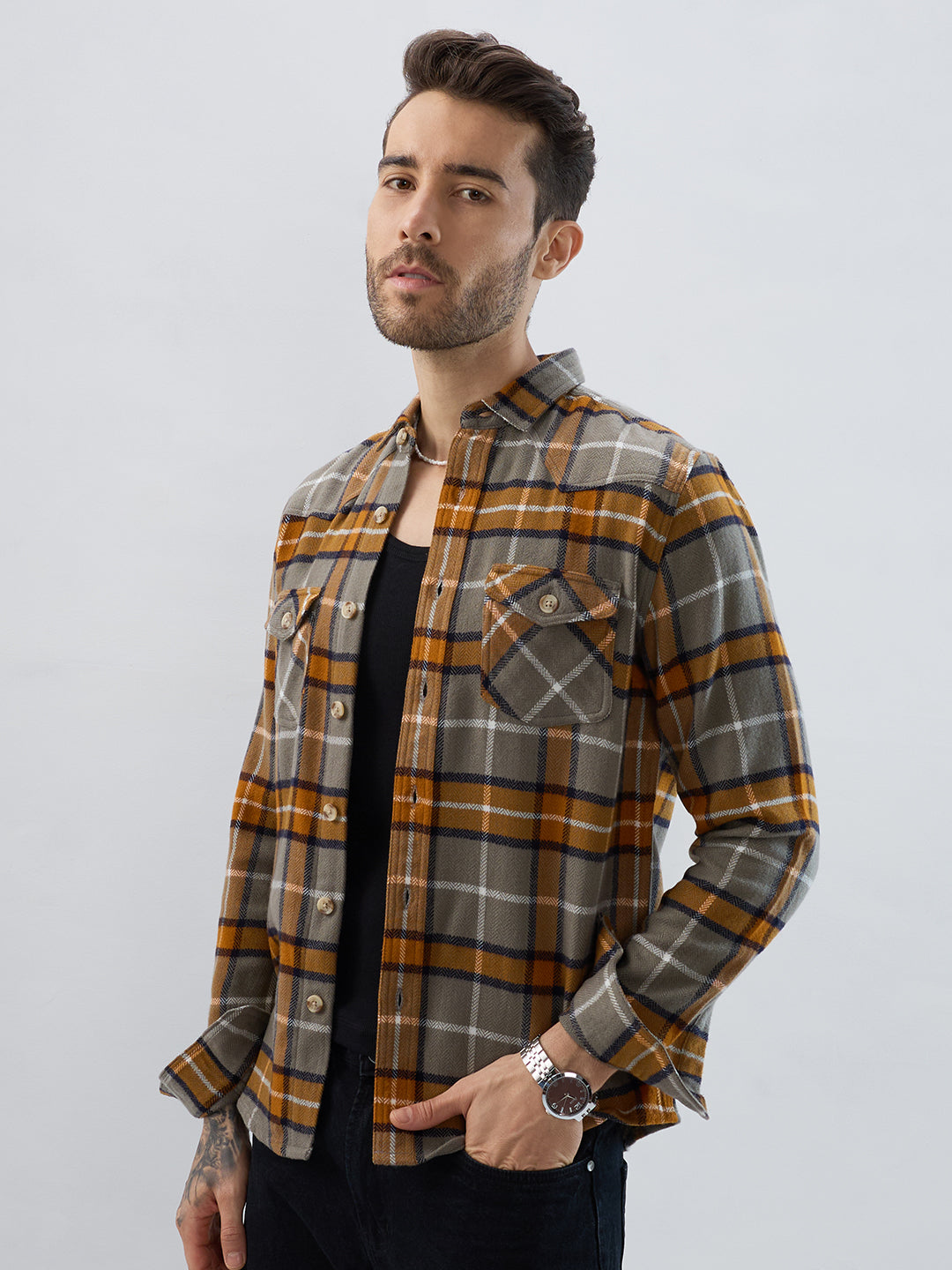 Mustard & Grey Tartan Checked Double Pocket Flannel