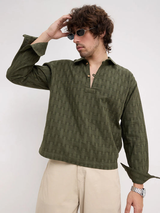 Contemporary Olive Architectural Weave Loop Button Oversized Shirt