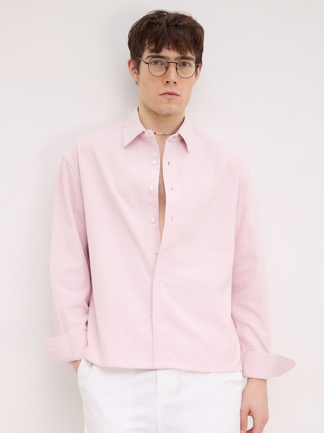 Refined Blush Pink Textured Boxy Fit Crop Shirt
