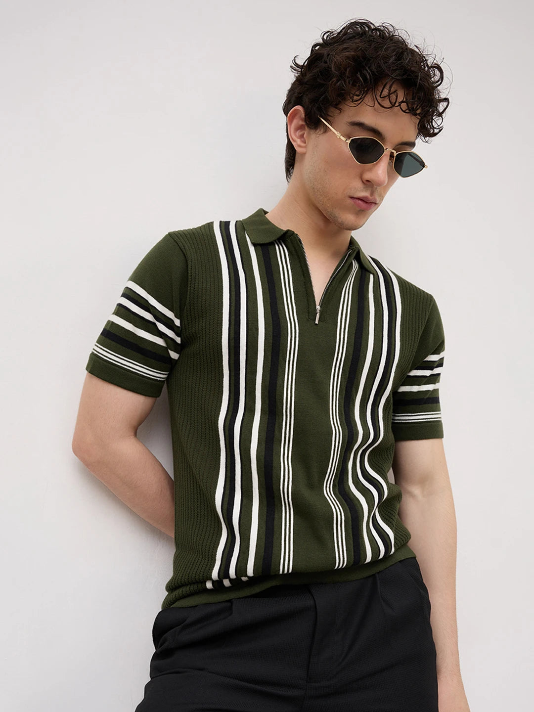 Deep Olive Vertical Striped Flat Knit Zip Polo T-Shirt