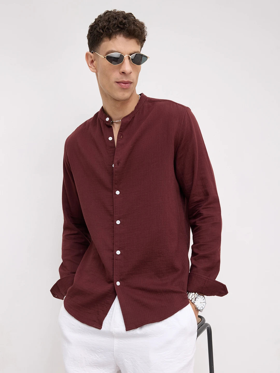 Deep Rust Herringbone Textured Mandarin Shirt