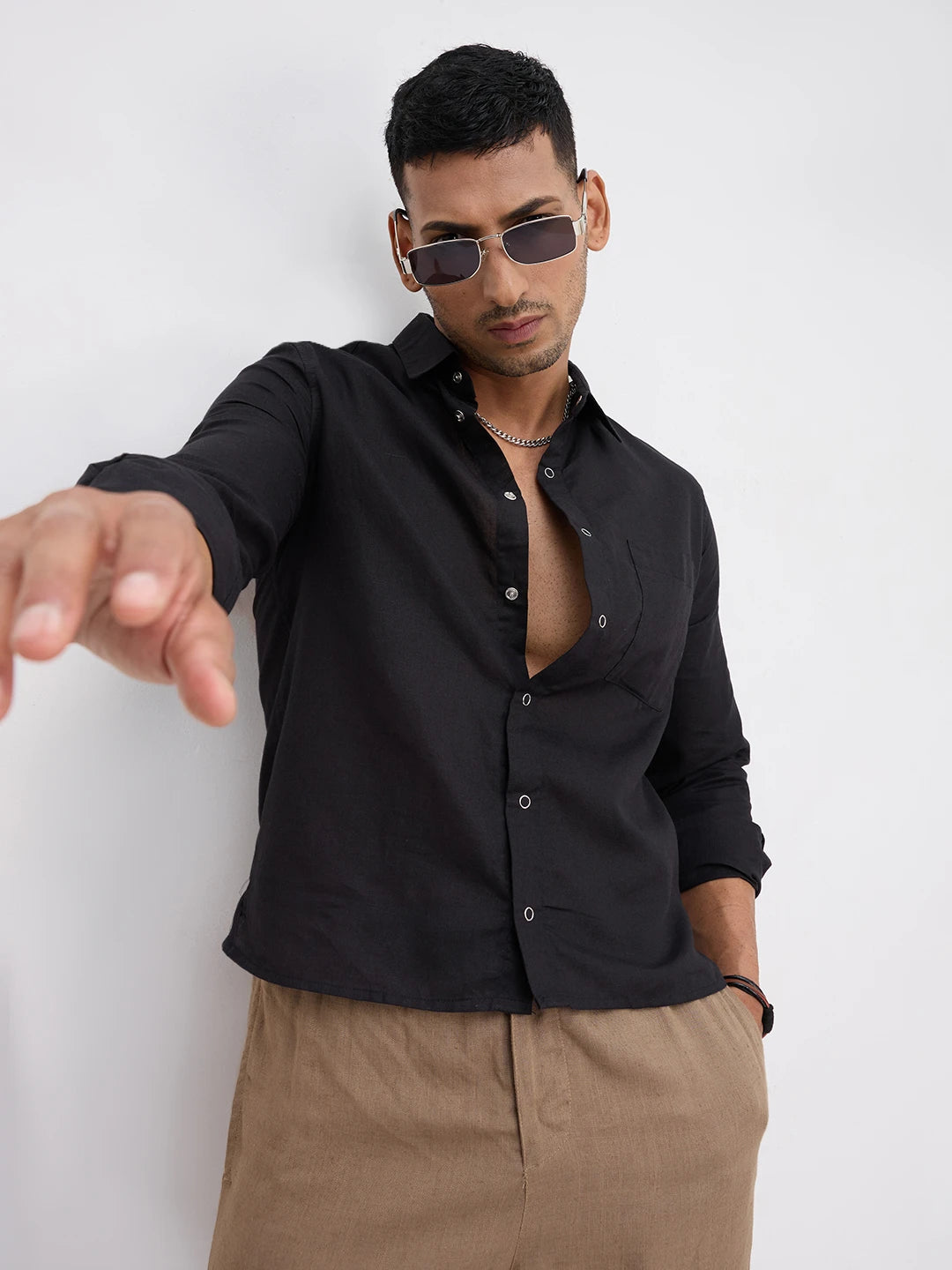Rich Black Tencel Straight Hem Crop Shirt