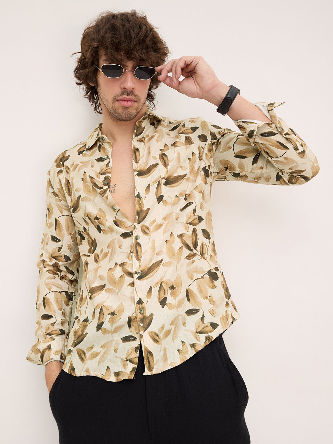 Camel Beige Artistic Floral Printed Shirt