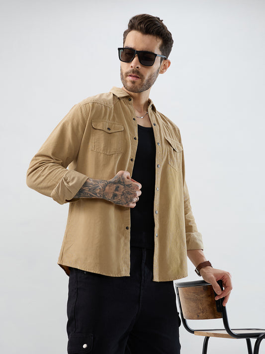 Voguish Camel Beige Double Pocket Corduroy Overshirt