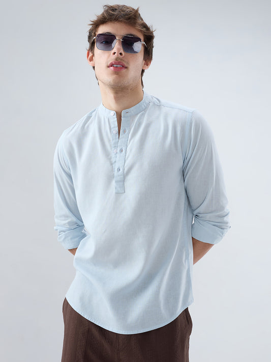 Premium Sky Blue Slub Textured Linen Blend Kurta