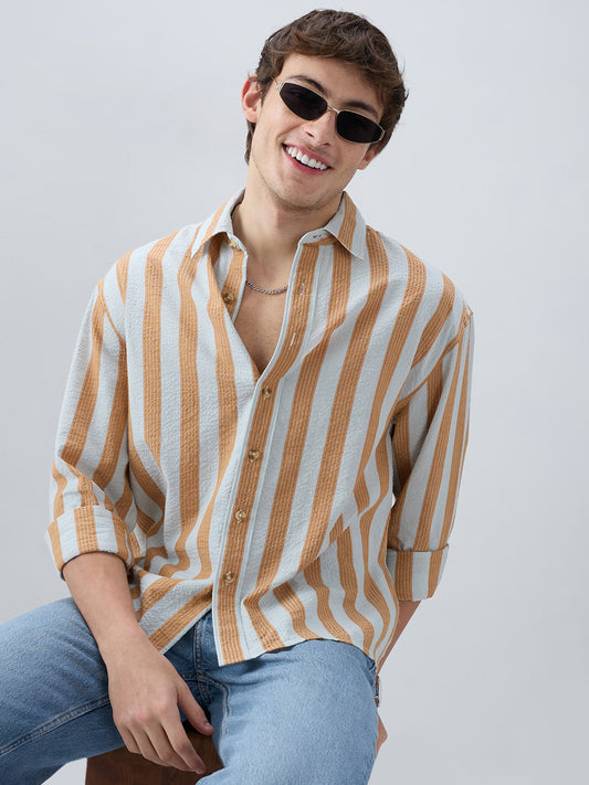 Orange & Blue Seersucker Awning Stripe Boxy Fit Crop Shirt