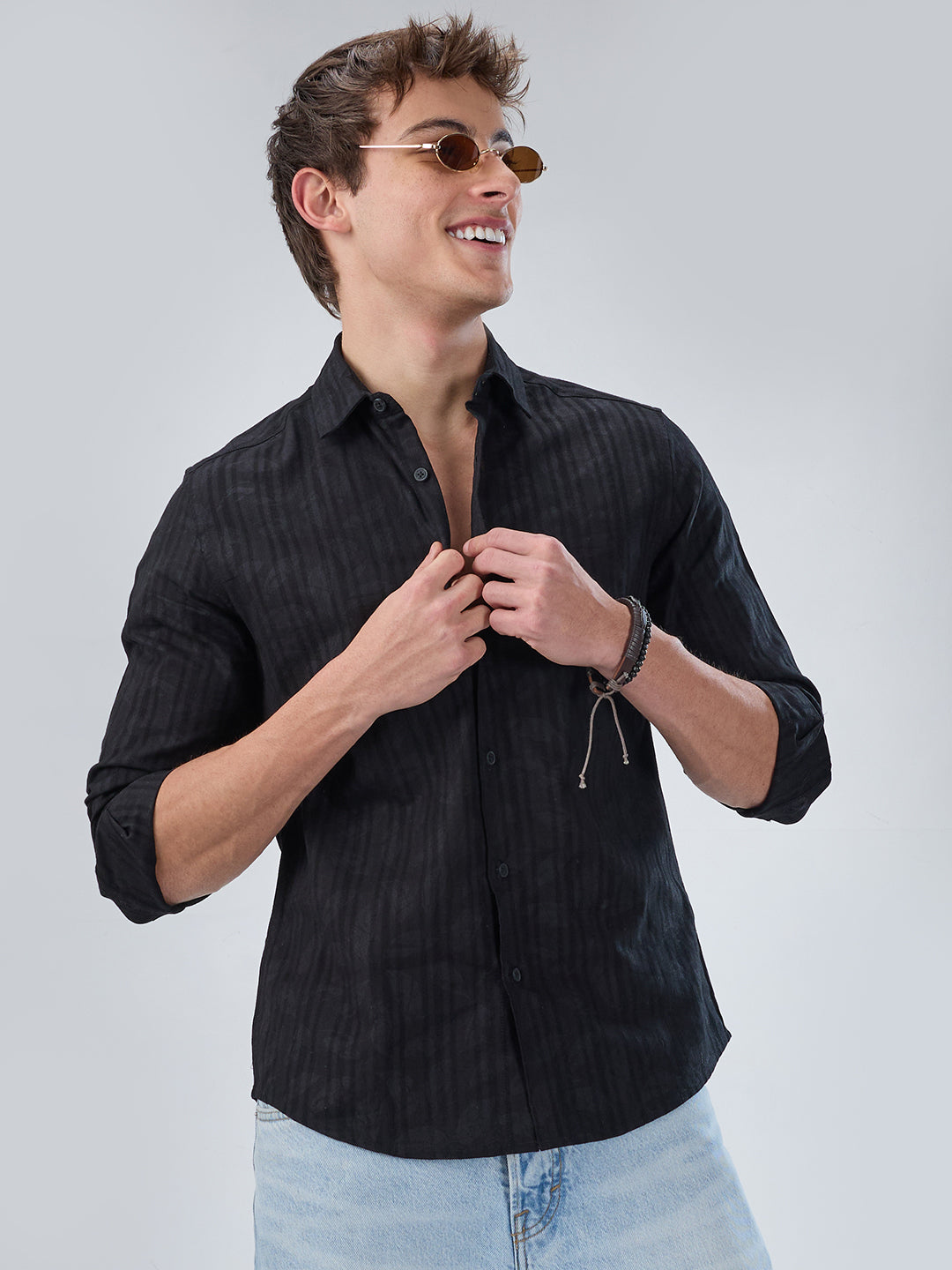 Ink Black Floral Jacquard Printed Shirt