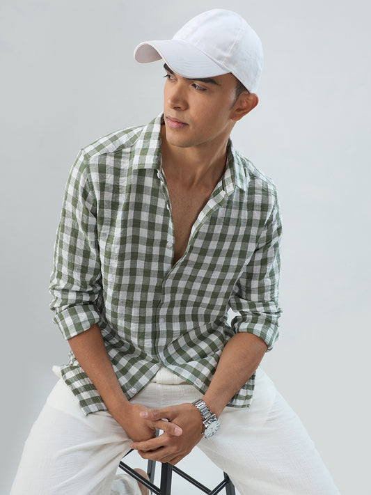 Plush Forest Green & White Gingham Checks Crinkled Shirt