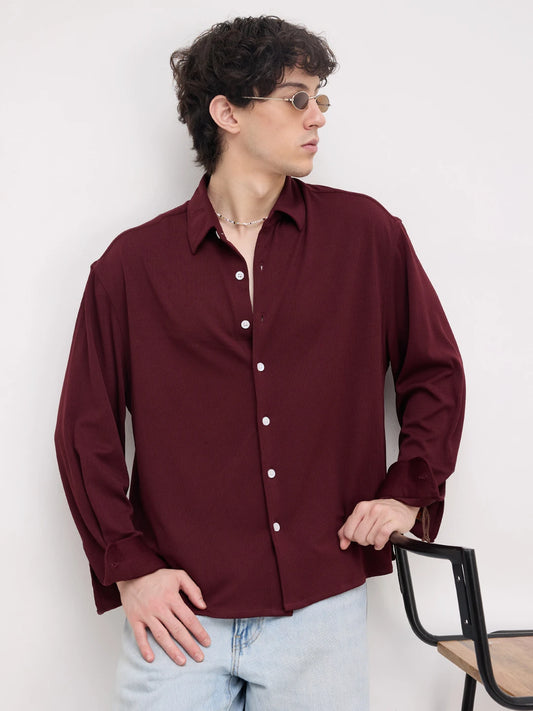 Rich Maroon Fine Textured Knitted Boxy Fit Crop Shirt