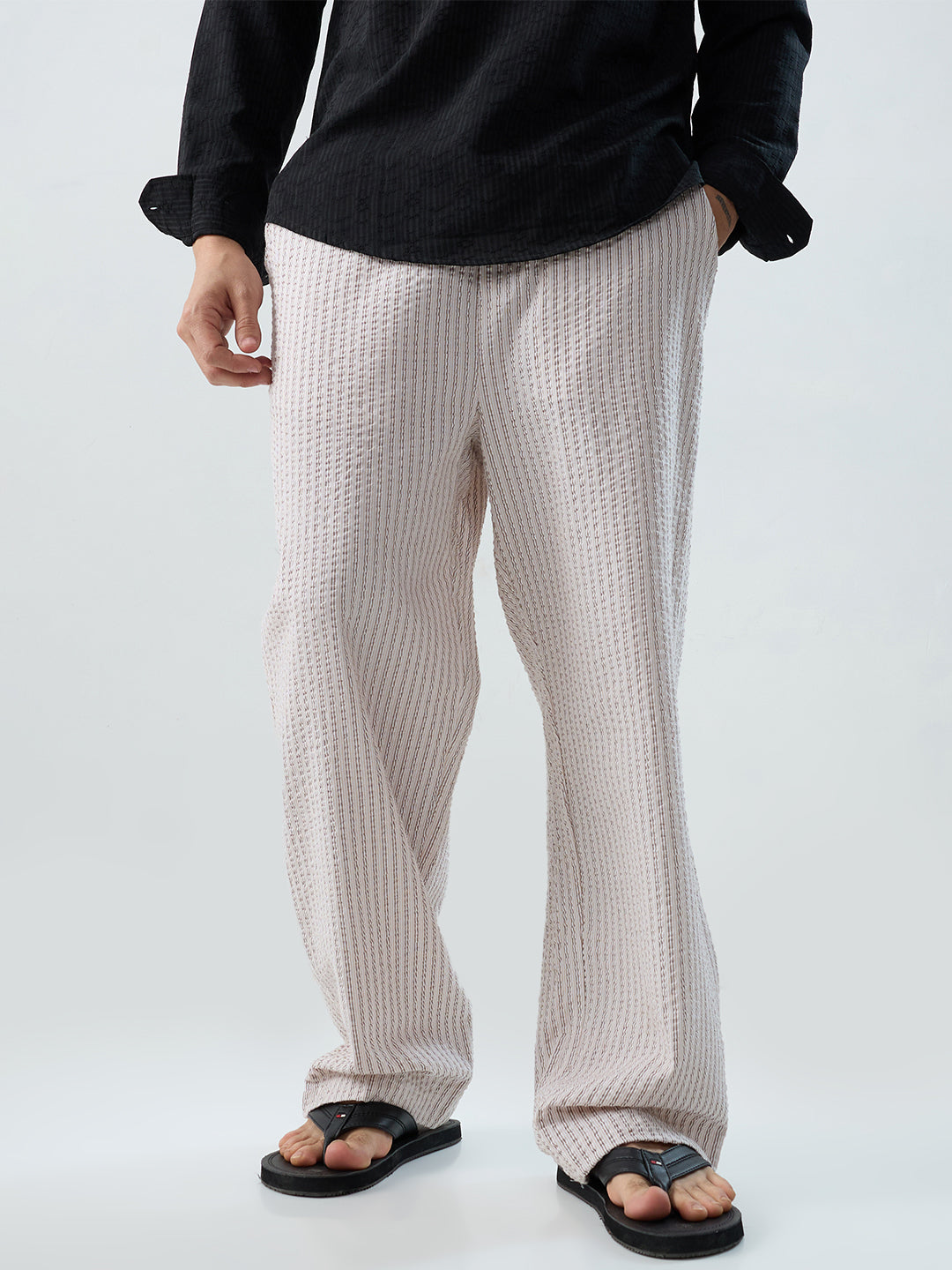 Beige & Brown Seersucker Stripes Straight-Fit Trousers