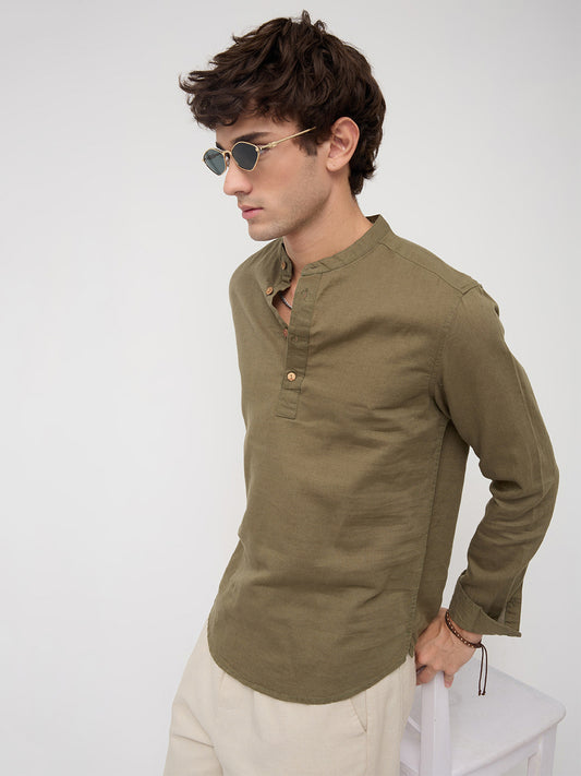 Luxe Olive Fine Sheer Linen Blend Kurta