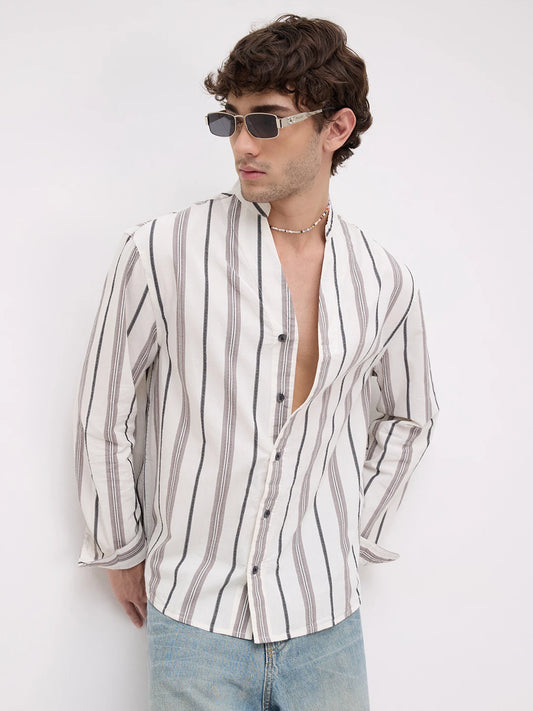 White Intricate Motif Contrast Striped Stand Collar Oversized Shirt