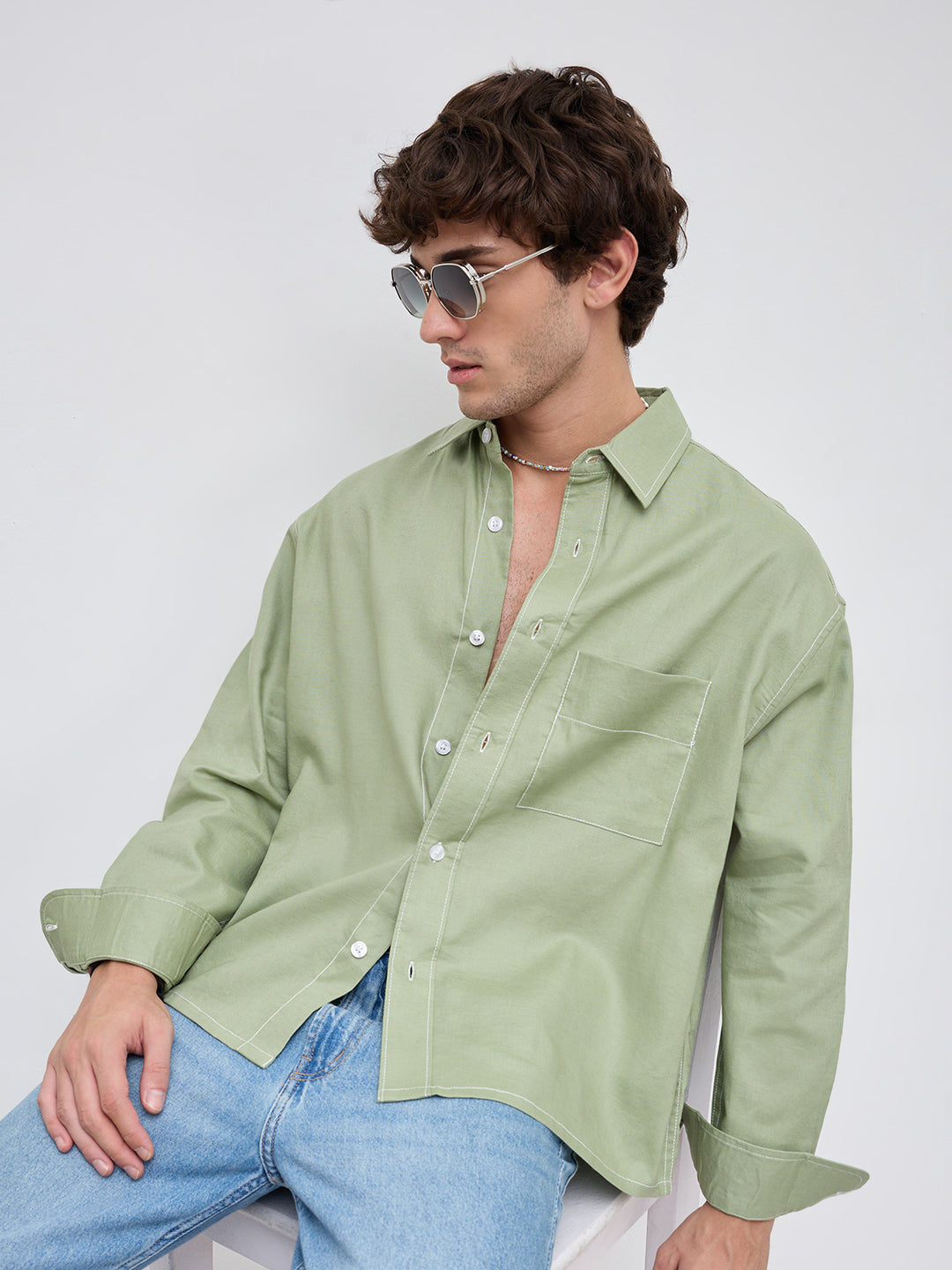 Sage Green Contrast Stitch Boxy Fit Crop Shirt