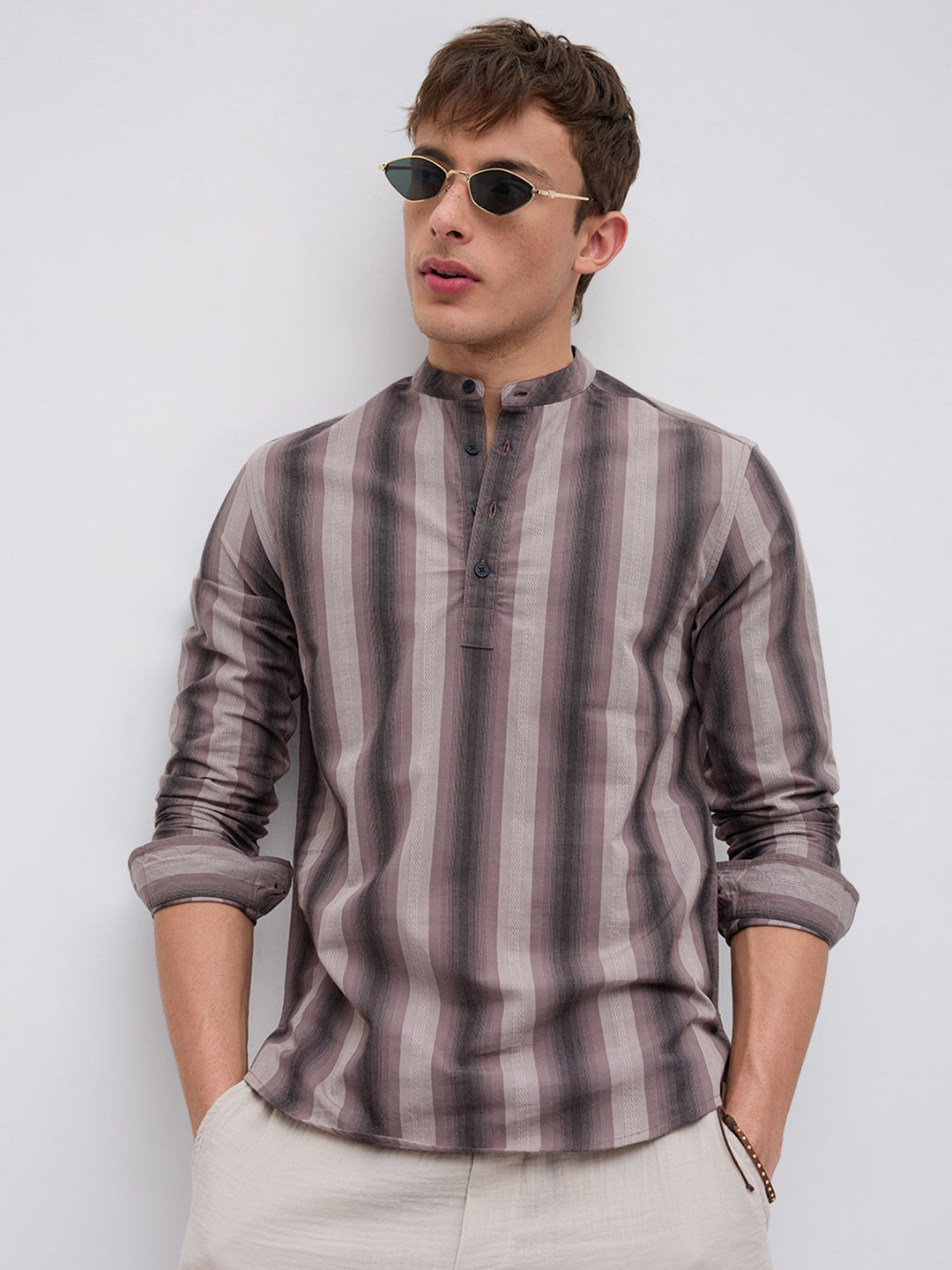 Ash Brown Multi Stripes Essential Kurta
