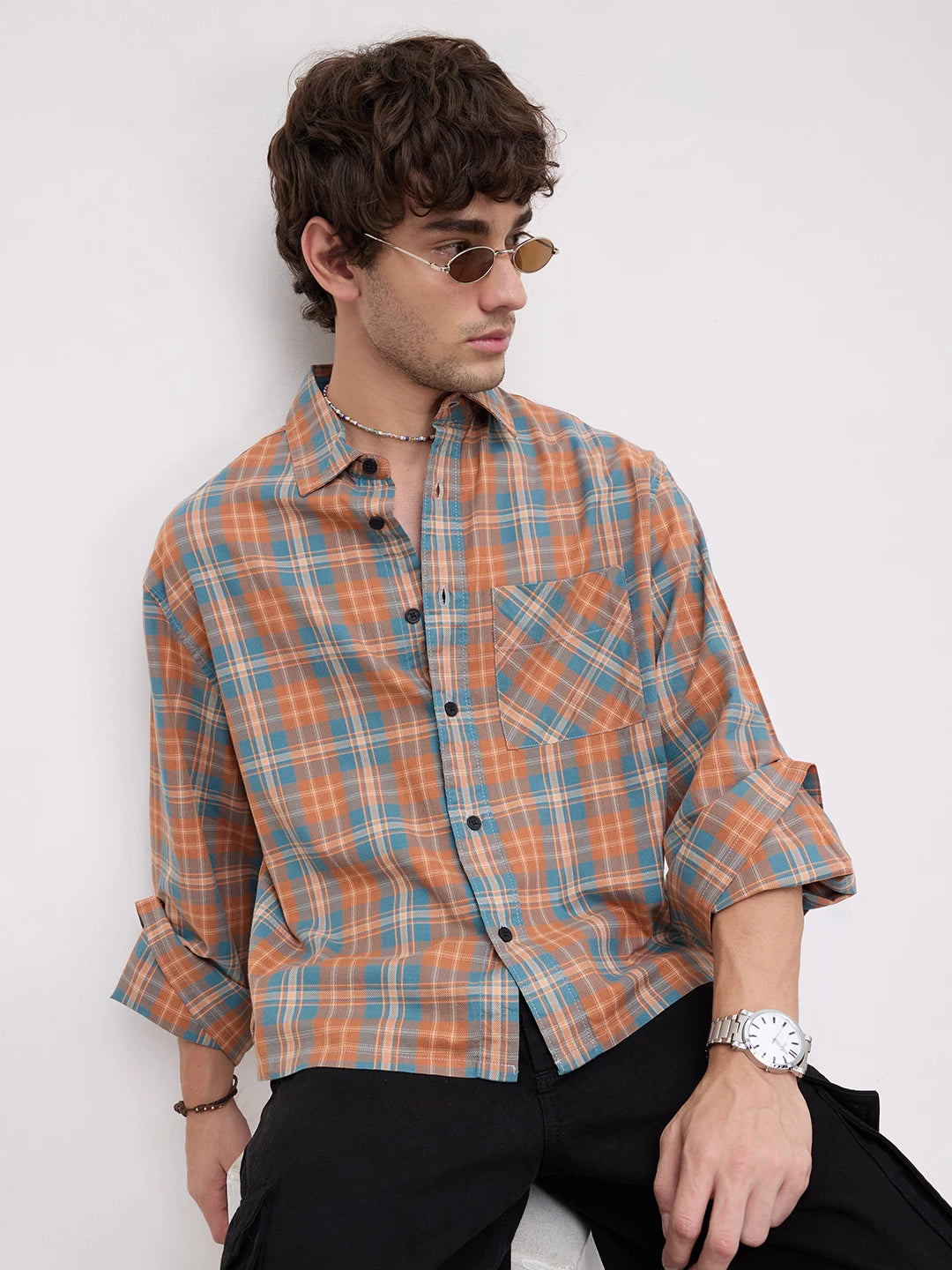 Warm Denim Clay Plaid Checks Cuffless Oversized Crop Shirt