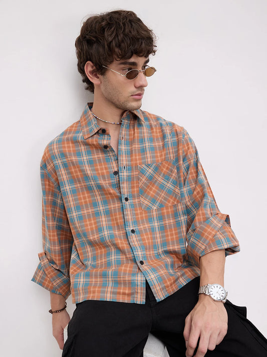 Warm Denim Clay Plaid Checks Cuffless Oversized Crop Shirt