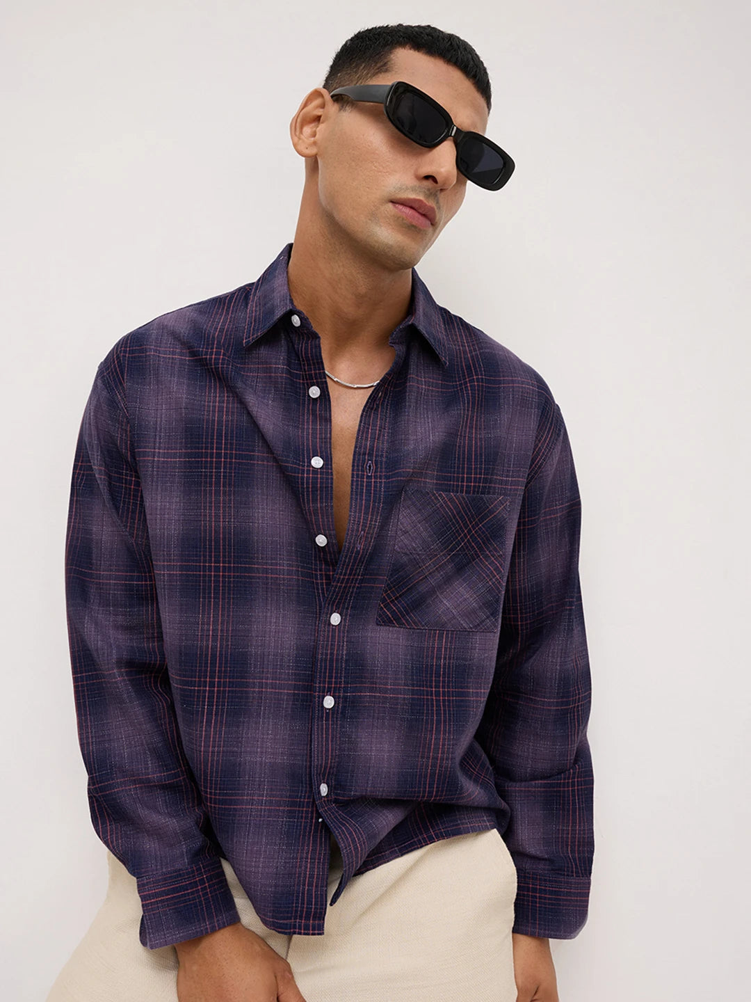 Iconic Purple & Copper Plaid Checks Boxy Fit Crop Shirt