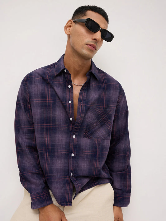 Iconic Purple & Copper Plaid Checks Boxy Fit Crop Shirt