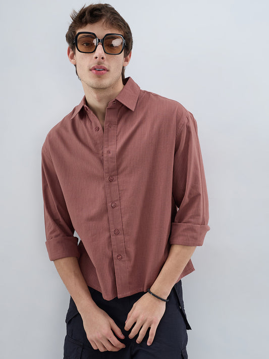 Dusty Brownish Pink Airy Striped Weave Boxy Fit Crop Shirt