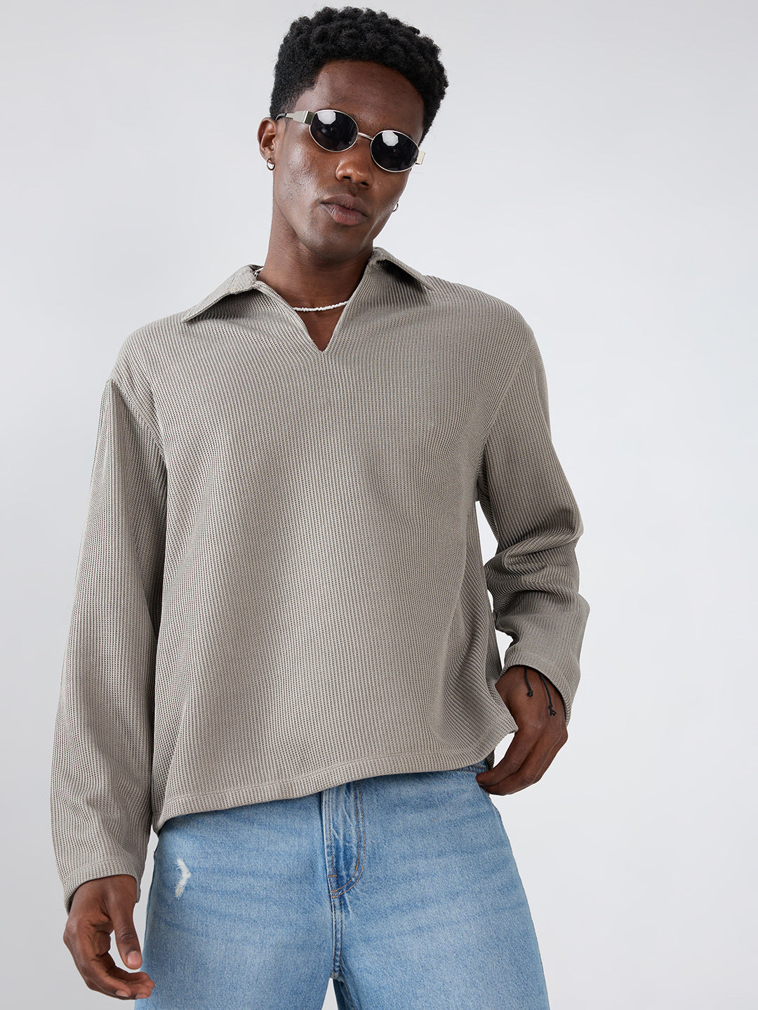 Steel Grey Refined Textured Knitted  Oversized Polo Shirt