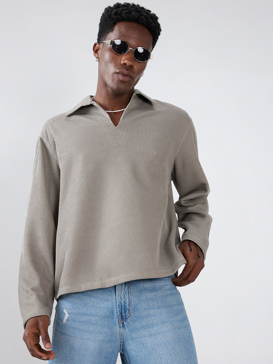 Steel Grey Refined Textured Knitted  Oversized Polo Shirt