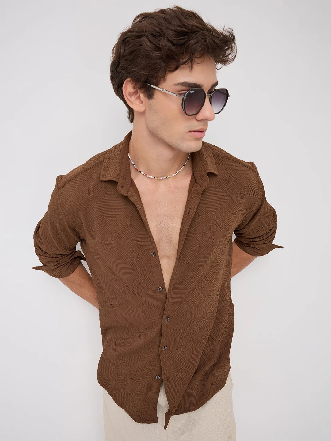 Refined Brown Maze Textured Knitted Shirt