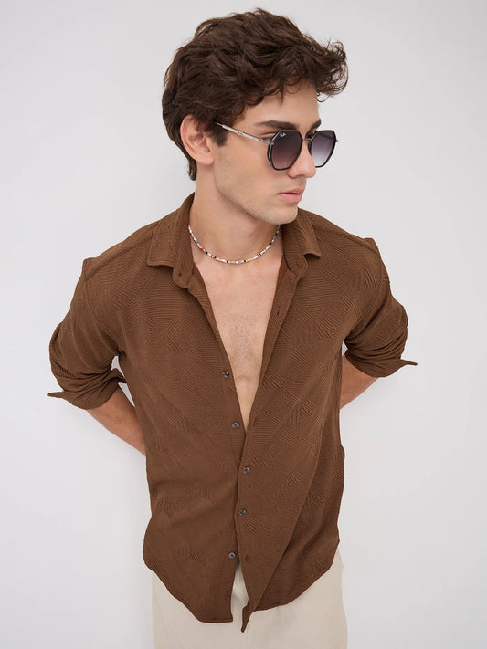 Refined Brown Maze Textured Knitted Shirt