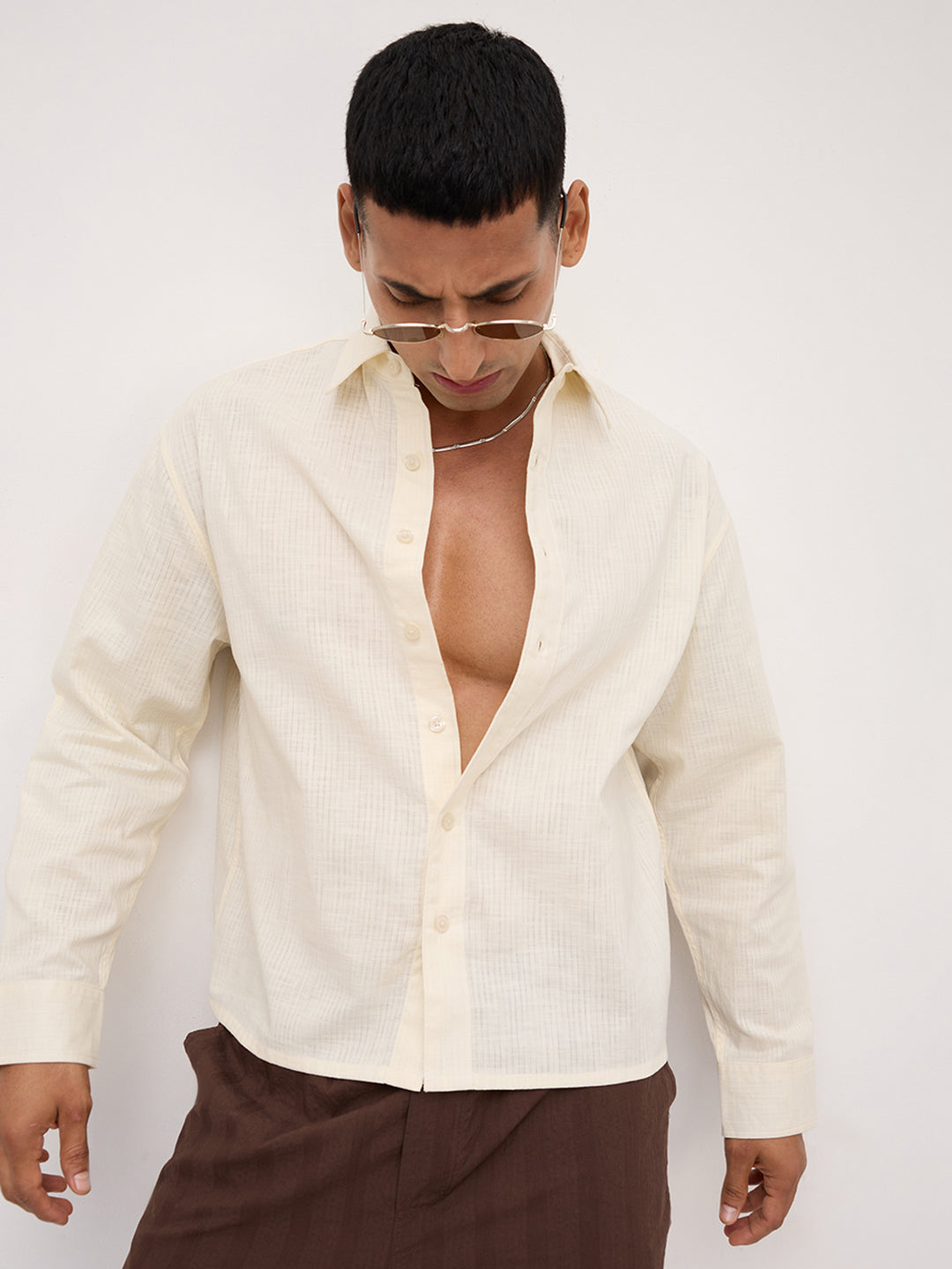 Ivory Sheer Slub Textured Boxy Fit Crop Shirt