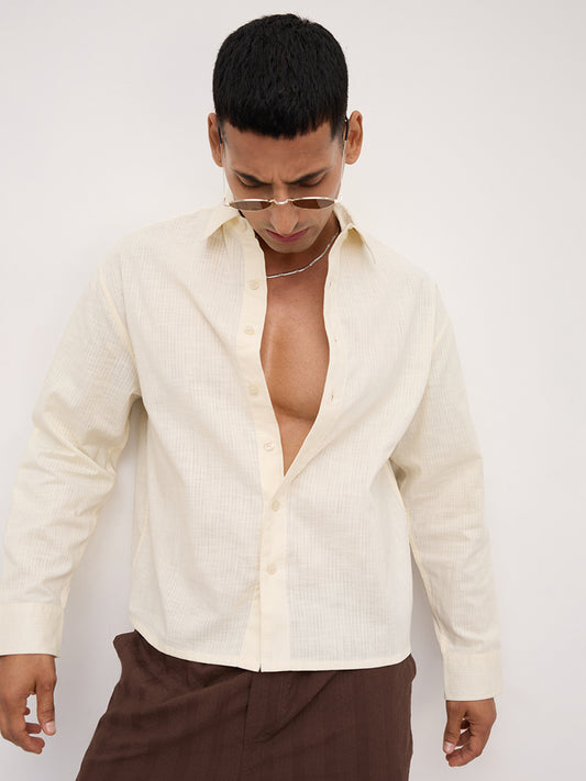 Ivory Sheer Slub Textured Boxy Fit Crop Shirt