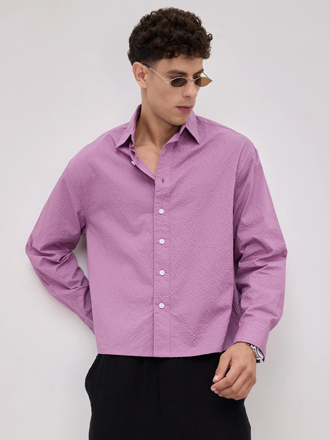 Crushed Fuchsia Pink Textured Boxy Fit Crop Shirt