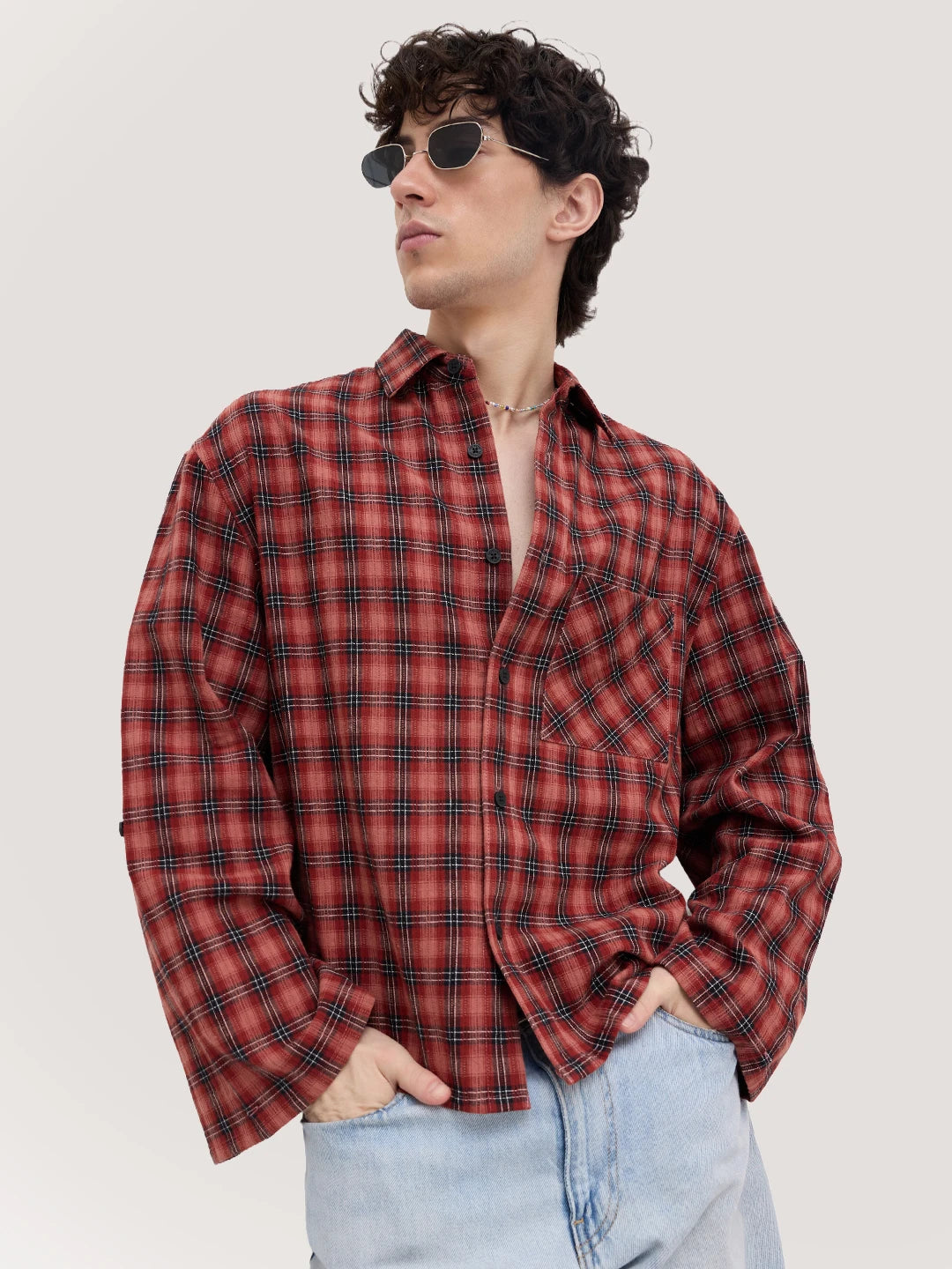 Luxe Rustic Redwood Plaid Edition Cuffless Oversized Crop Shirt