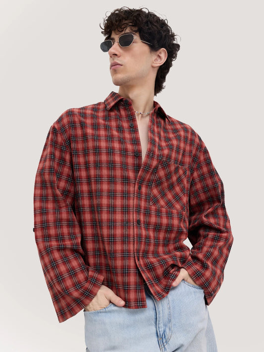 Luxe Rustic Redwood Plaid Edition Cuffless Oversized Crop Shirt