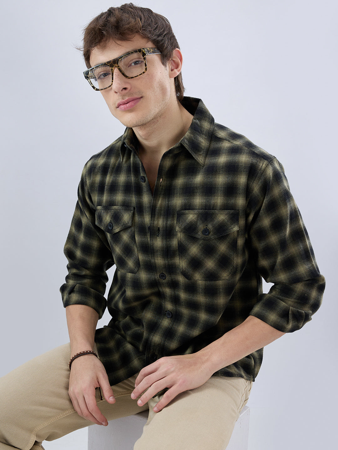 Deep Olive Soft Rustic Checks Double Pocket Shirt