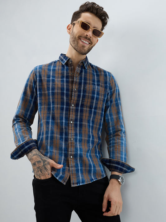 Classic Camel Brown Nightfall Denim Tartan Checks Shirt