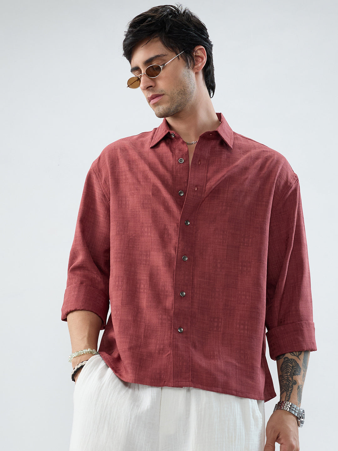 Vermillion Red Soft Grid Textured Boxy Fit Crop Shirt